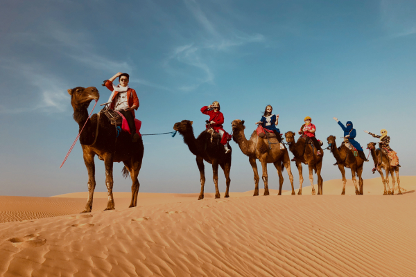 A group of people try a fun activities in Morocco, camel tricking